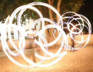 Feuerpoi-Choreographie der Gruppe mit mehreren Spielern, die leuchtende Kreise in die Nacht wirbeln.